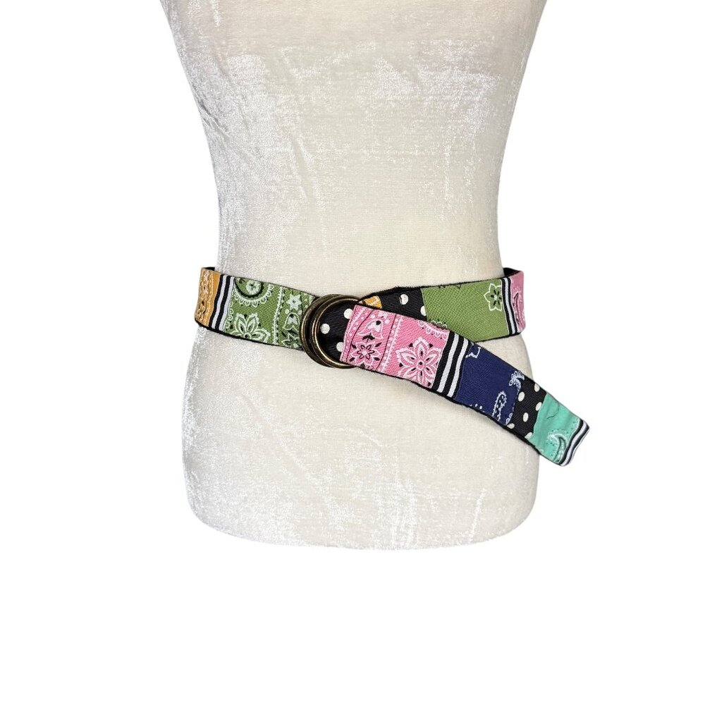 Women's multicolored patchwork bandana patterned belt with brass ring buckle